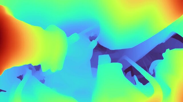 Depth map of a car engine bay showing color-coded distance data and structural geometry of internal components in a technical, abstract visualization.