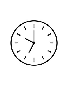 Round clock with hands showing nearly 7 o'clock, minimal design, black outline on a white background