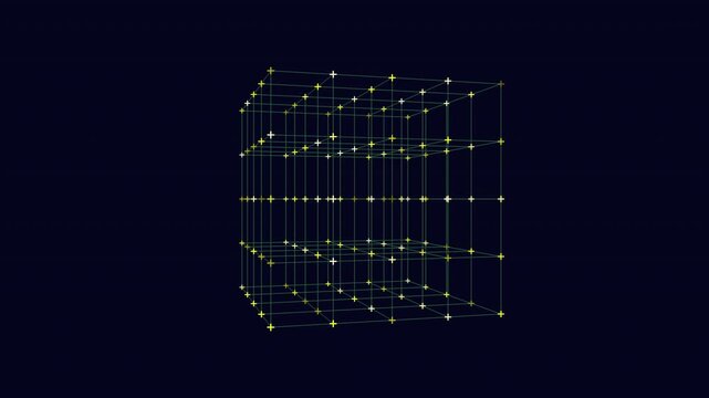 Abstract technology footage of a rotating wireframe cube grid with glowing points and lines on a dark blue background, ideal for data, network, AI, and science themes