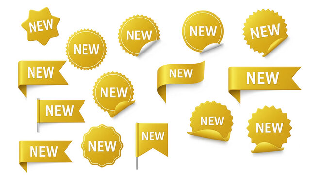 Image of several golden stickers and ribbons, each with the word "NEW", representing promotion, discount, or introduction of something fresh