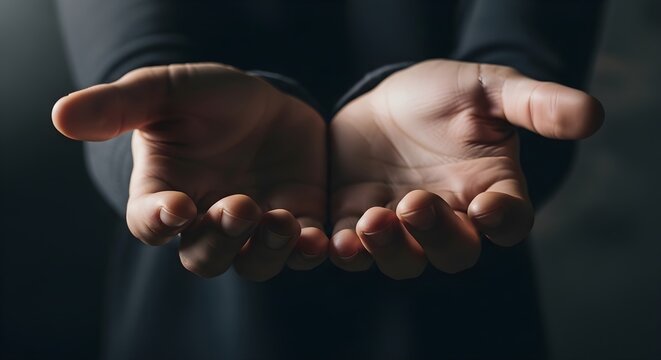Cupped Hands Gesture: Offering, Receiving, or Asking for Help on Dark Background