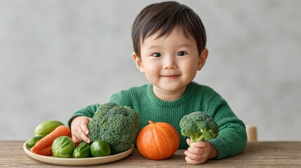 Fototapeta premium Young Asian boy in green sweater smiles while holding broccoli, surrounded by fresh vegetables including carrots, brussels sprouts, and a small pumpkin on a wooden table