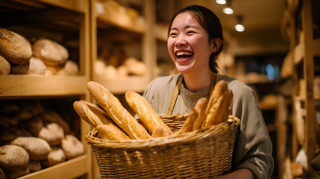 Joyful baker holds a basket of fresh baguettes in a warm artisan bakery, surrounded by shelves of crusty bread, radiating happiness and passion