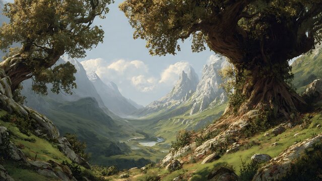 Serene mountain landscape with trees hills.