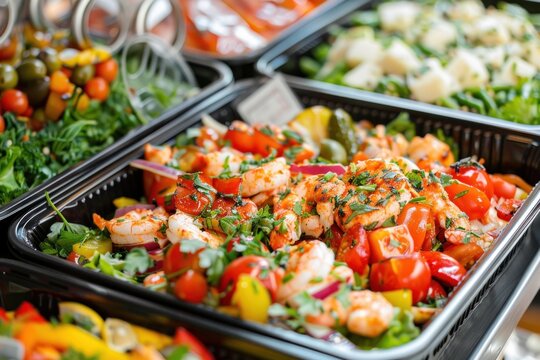 Colorful seafood salad with shrimp and vegetables on a buffet table