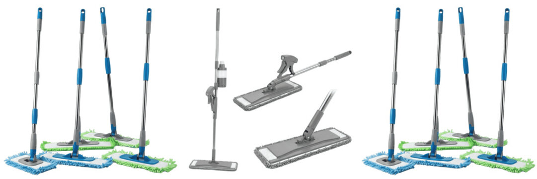 Set and collection of floor mops isolated on white transparent png background