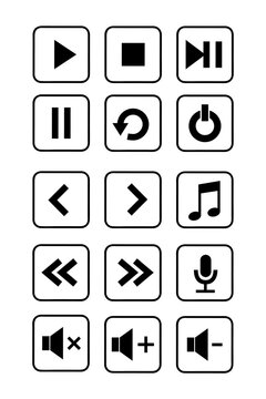 Hand drawn media control icons PNG, grunge black playback buttons, play pause stop rewind fast forward volume note, sketch style audio video UI set for apps, streaming, music players and design