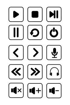 Hand drawn media control rounded icons PNG, grunge red playback buttons, play pause stop rewind fast forward volume icons, sketch style audio video UI set for apps, streaming, music players and design
