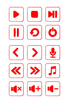 Hand drawn media control icons PNG, grunge red playback buttons, play pause stop rewind fast forward volume icons, sketch style audio video UI set for apps, streaming, music players and design