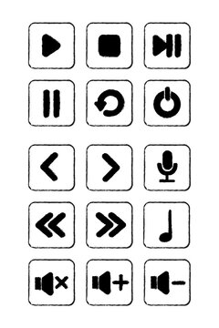 Hand drawn media control icons PNG, grunge black playback buttons, play pause stop rewind fast forward volume icons, sketch style audio video UI set for apps, streaming, music players and design
