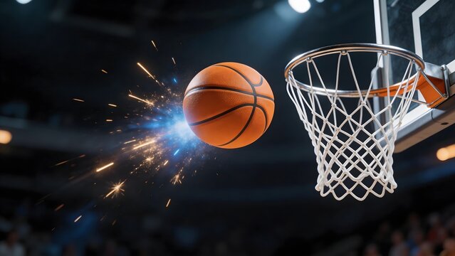 Basketball ball entering hoop with sparks