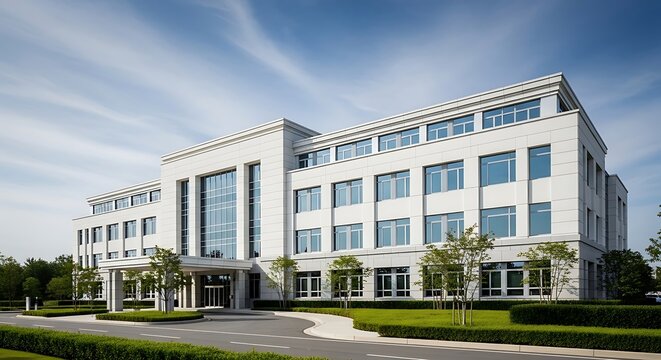 A Large White Building With Many Windows And A Blue Sky