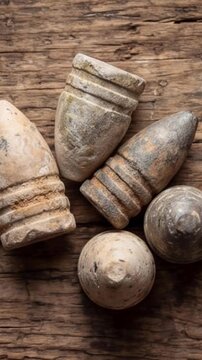 Old vintage bullets lying on wooden surface top view, historical ammunition collection concept, vertical video close up macro view.