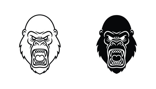 Angry gorilla head mascot with bared teeth in outline and solid black vector illustration for sports team logos and apparel design