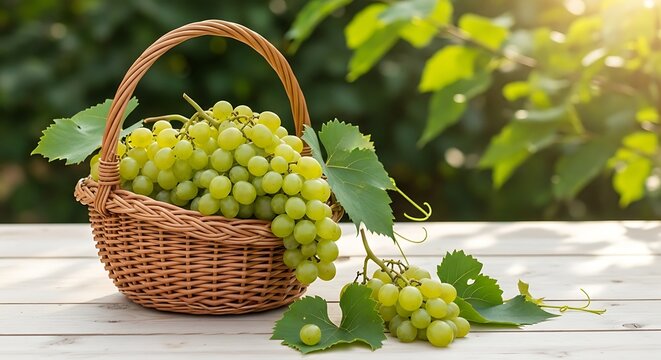 Fresh Green Grapes in a Woven Basket on a Rustic Table
