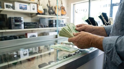 Fototapeta premium Hands counting a thick stack of one hundred dollar bills over a glass counter in a store