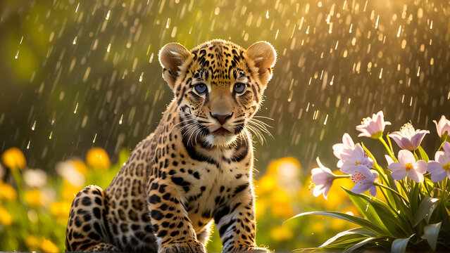 A young   rain soaked jaguar baby cub trembling dramatically 