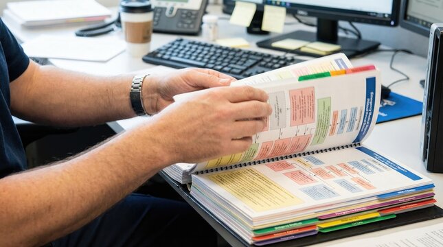 Hands flipping through a colorful tabbed emergency medical dispatch protocol manual at a desk