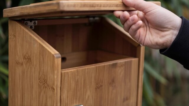 Close up of man hand opening wooden mailbox with solar panel on top, green energy concept, sustainable lifestyle, modern postal service.