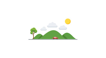 Fototapeta premium Minimalist illustration of a sunny landscape with hills, trees, clouds, and a red car last 2026.