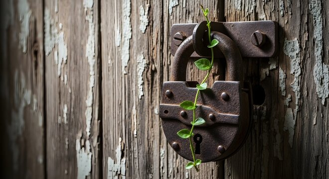 Green Plant Growing Through Rusty Padlock on Weathered Wood - Symbol of Resilience and New Life