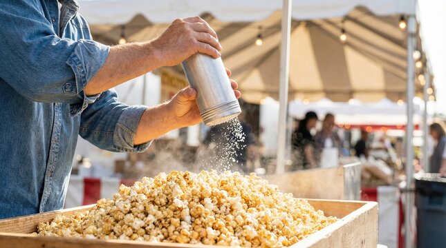 Vendor hands shaking seasoning from a metal dispenser onto a large pile of fresh popcorn