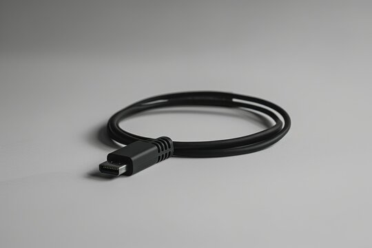 Black displayport cable lying on a white surface forming a circle