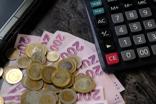 Calculator. 200 Turkish Lira banknotes. Turkish coins: 5 TL, 1 TL. Inflation, salary increases, pensions and worker salaries, economy, stock market, rent, minimum wage. Finance, bank interest rates.