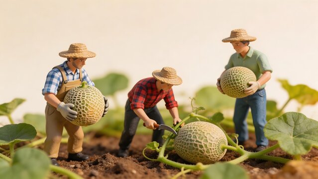 Miniature farmers harvesting melons