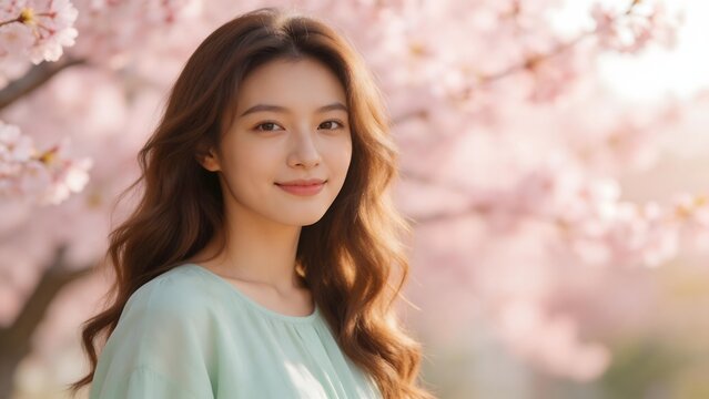 Young woman with long hair in front of cherry blossoms