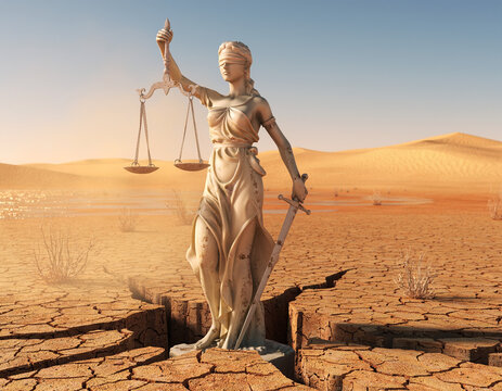 A statue of justice stands on cracked, dry earth in the desert, symbolizing legal problems, the impact of climate change, and the consequences of drought. This abstract concept represents issues of fa