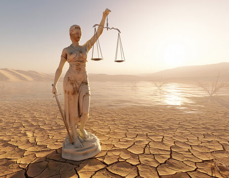 A statue of justice stands on cracked, dry earth in the desert, symbolizing legal problems, the impact of climate change, and the consequences of drought. This abstract concept represents issues of fa