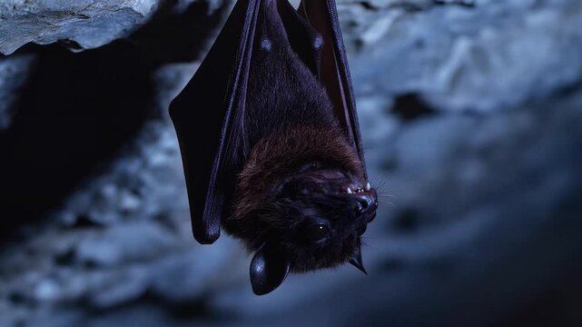 Hanging bat roosting inside a cave with dark background