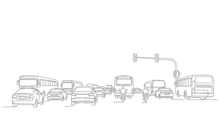 Obraz premium Urban Traffic Jam Sketch: Cars, Buses, Motorcycle, Traffic Lights on White Background