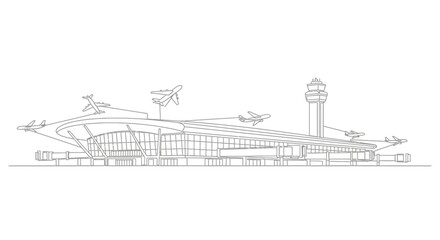 Fototapeta premium Modern Airport Terminal Building with Airplanes Taking Off and Landing, Control Tower