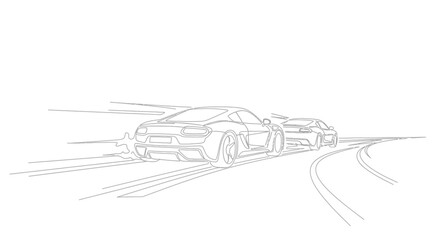 Dynamic car race sketch, sports cars speeding on a curved road, motion blur effect © Tani