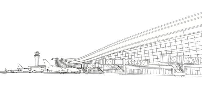 Modern Airport Building Facade and Control Tower Sketch, Architectural Drawing