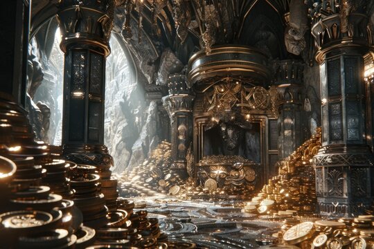 Golden coins are overflowing from a treasure chest in an ancient dwarven treasury, creating a breathtaking scene of vast wealth and fortune
