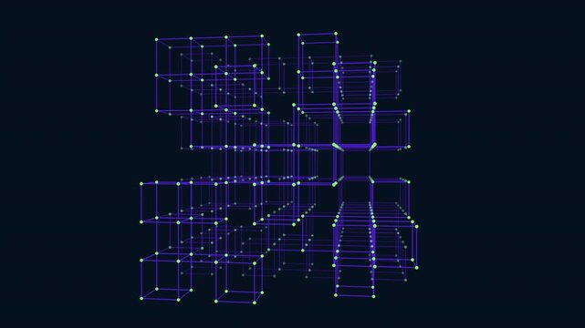 Abstract technology footage of a 3D wireframe cube grid with neon lines and glowing nodes, forming a digital network structure on a dark blue background