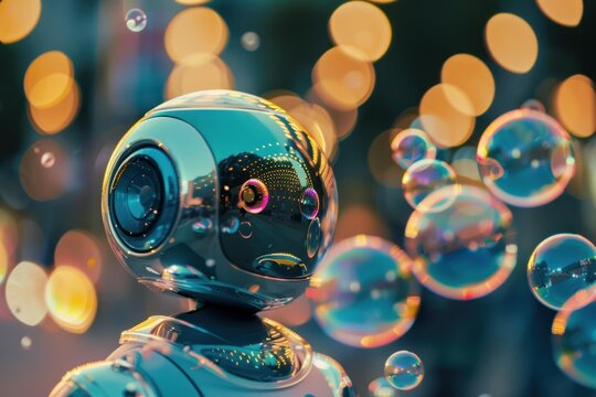 Futuristic robot observing soap bubbles floating in a blurred cityscape with bokeh effect, exploring themes of artificial intelligence, technology, and the future