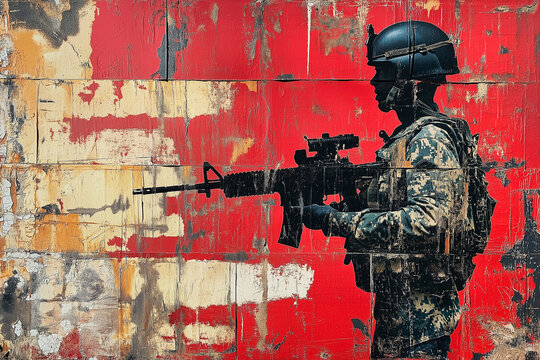Silhouette of a Modern Soldier on Red Background - Grungy Abstract Military Art
