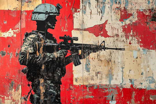 Modern American Soldier Silhouette with M16 in Grungy Mixed Media Style
