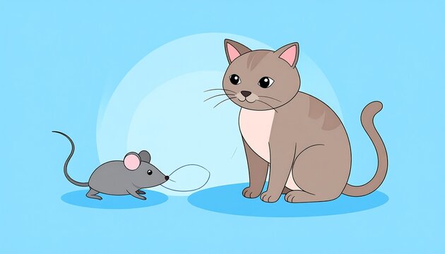 Cartoon of a grey mouse facing a tan cat against a light blue background with faint circular shapes