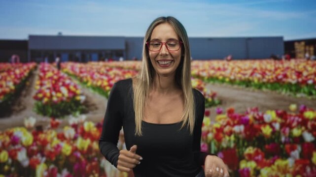 Woman clapping hands among tulips in a field with building behind, smiling and winking at camera; joy celebration spring.