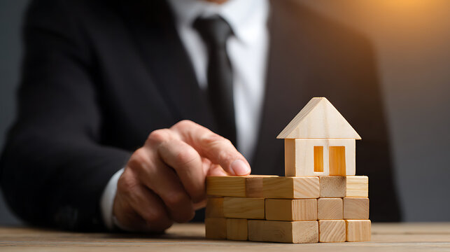 A businessman carefully arrange small wooden blocks and miniature house model on a table, symbolizing property investment, security, and building future dreams