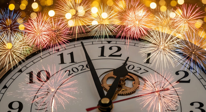 New Year 2024 celebration with fireworks exploding over classic clock at midnight