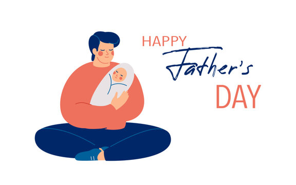 Young father holds his newborn baby with care and love. Happy Fathers Day concept with daddy and small baby on his hands. Vector illustration