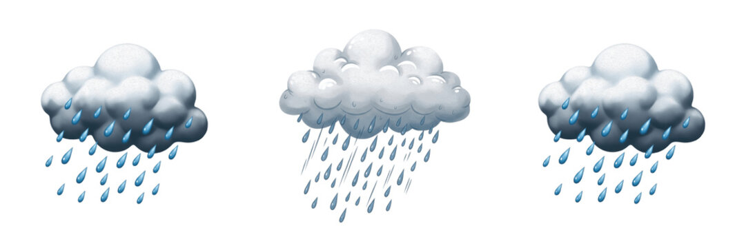 Set and collection of storm and rain cloud patterns isolated on transparent png background