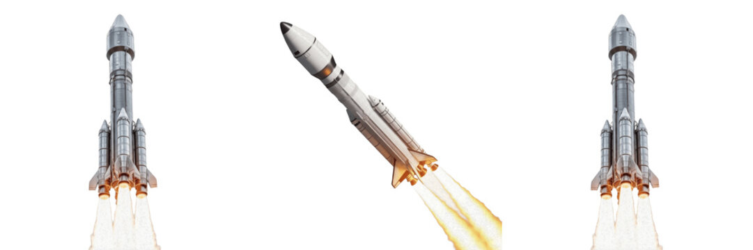 Set and collection of small rocket models isolated on transparent png background