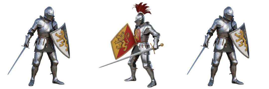 Set and collection of medieval knights isolated on transparent png background